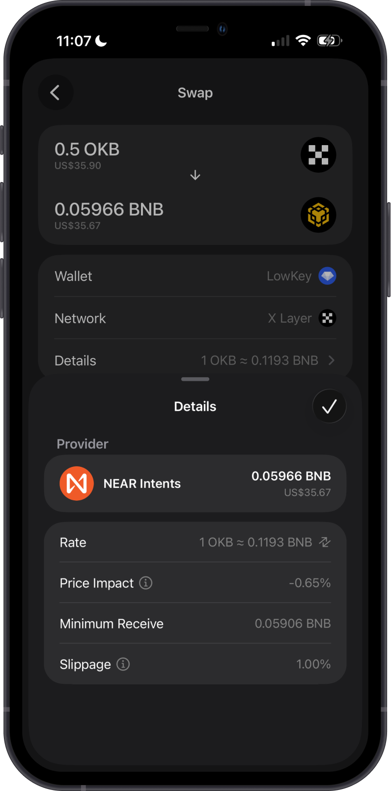 OKB Cross-Chain Swap Details on Gem Wallet