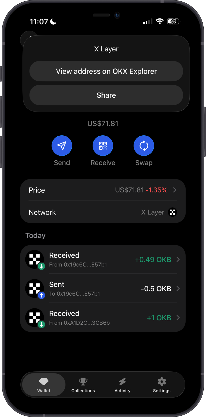 Open X Layer Explorer on Gem Wallet