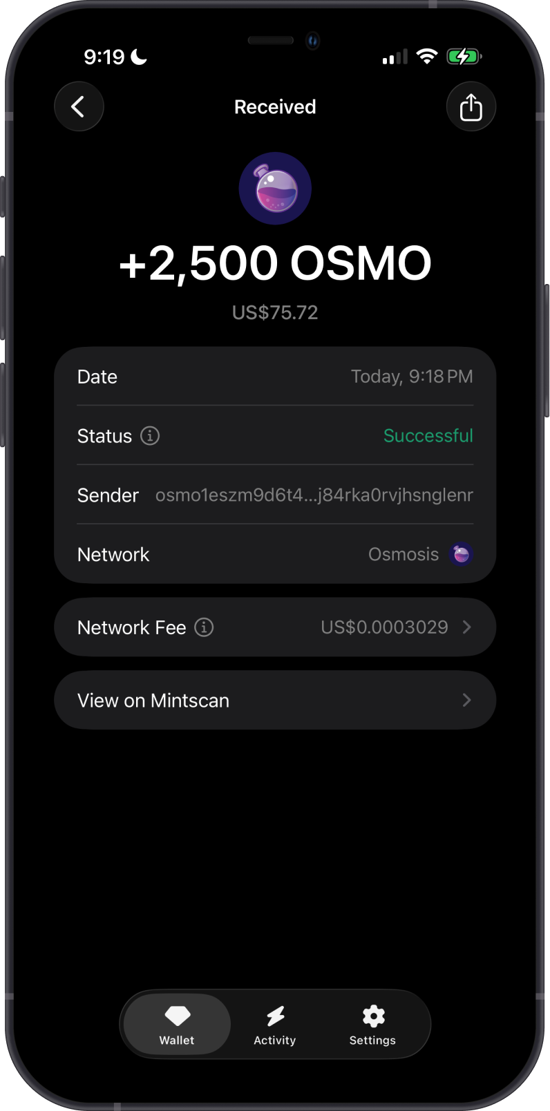 Received Osmosis Transaction