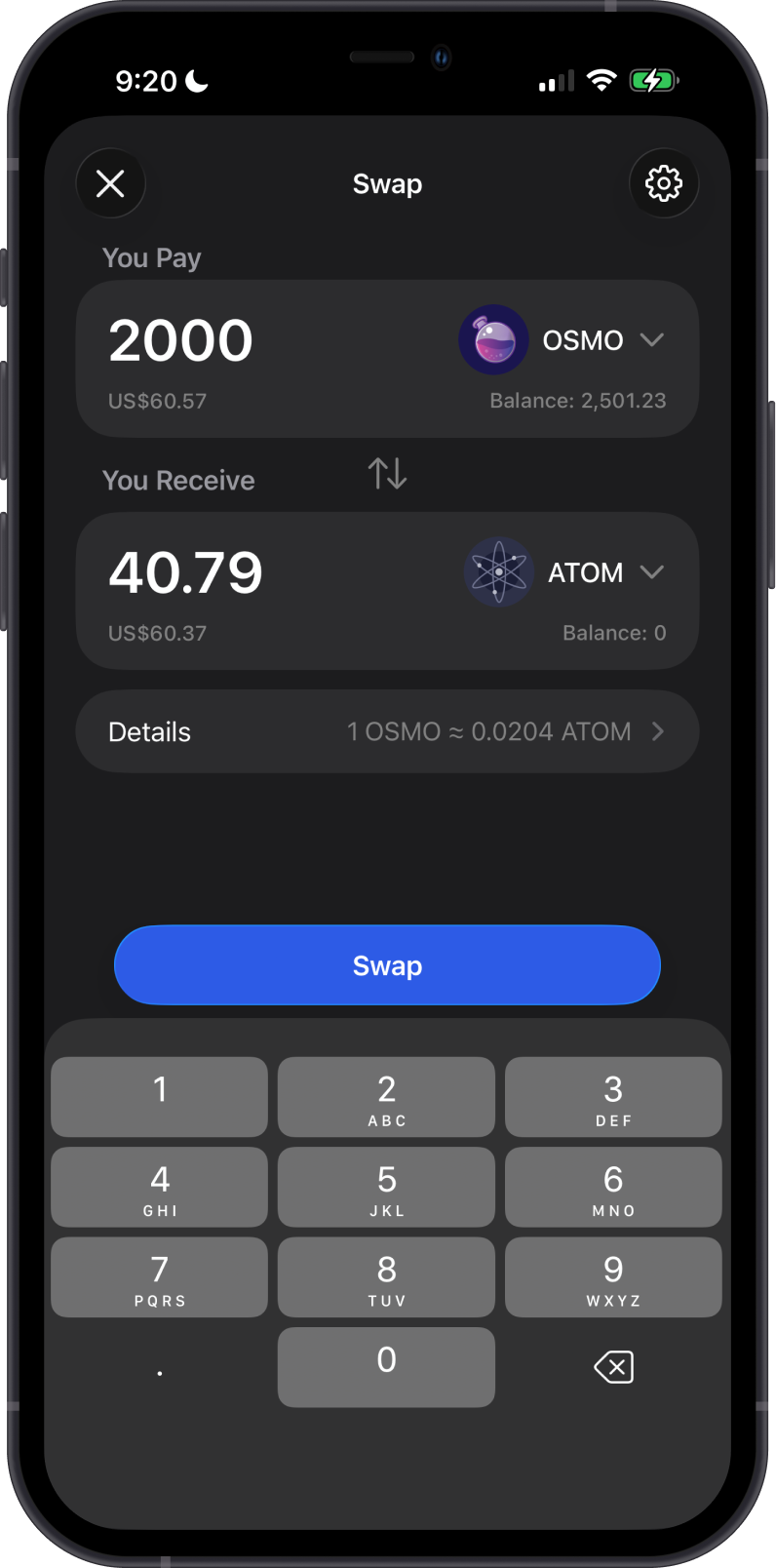 Enter Osmosis to Cosmos Swap Amount