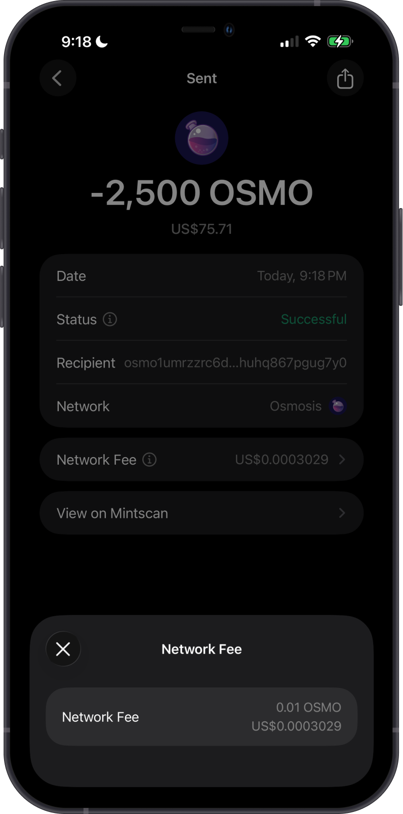 Sent Osmosis Transaction Fee Details