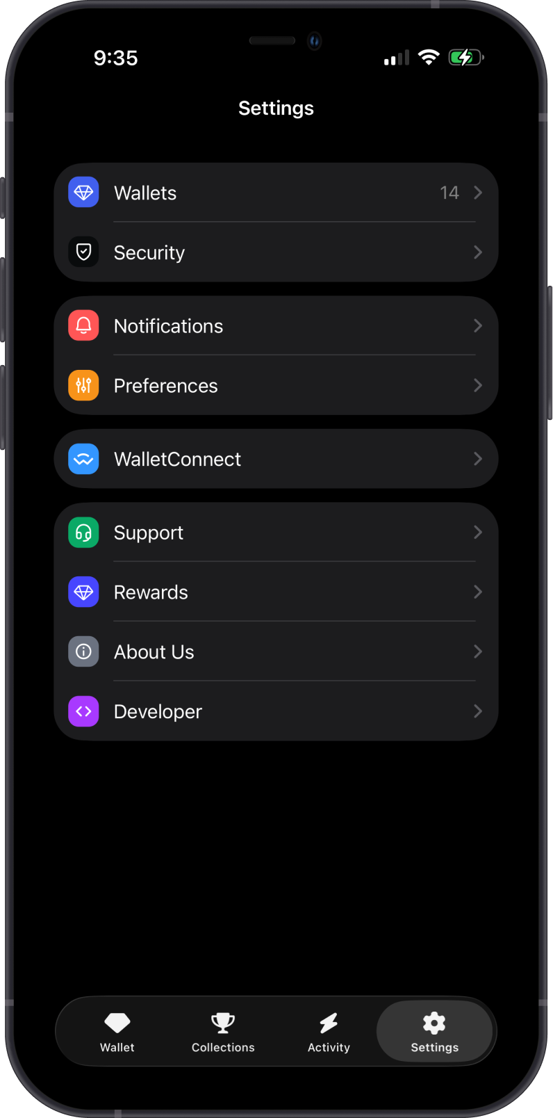Open Settings in Gem Wallet