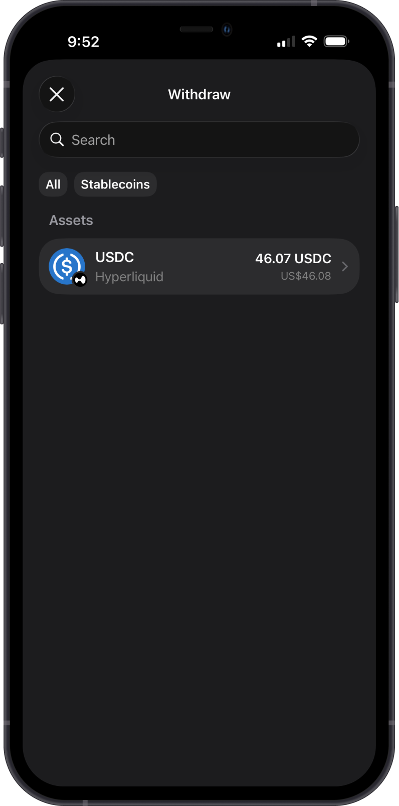 Select USDC to Withdraw