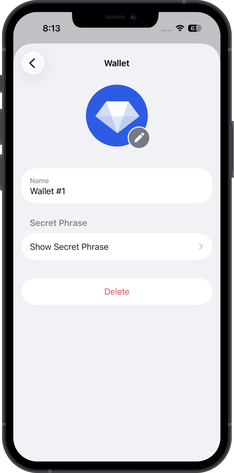 Wallet Settings Showing Secret Phrase