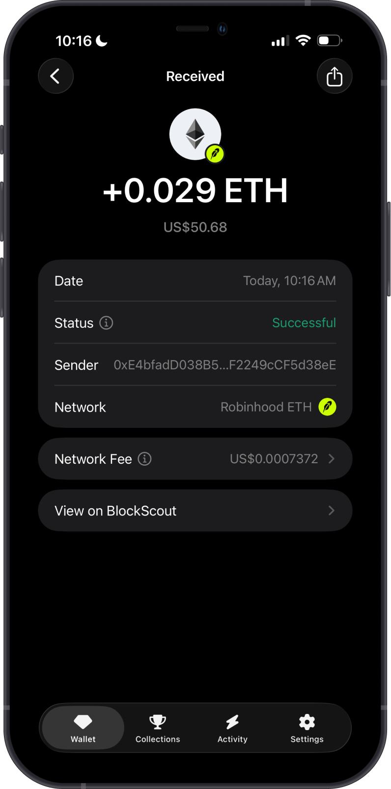 Received Robinhood Chain ETH on Gem Wallet