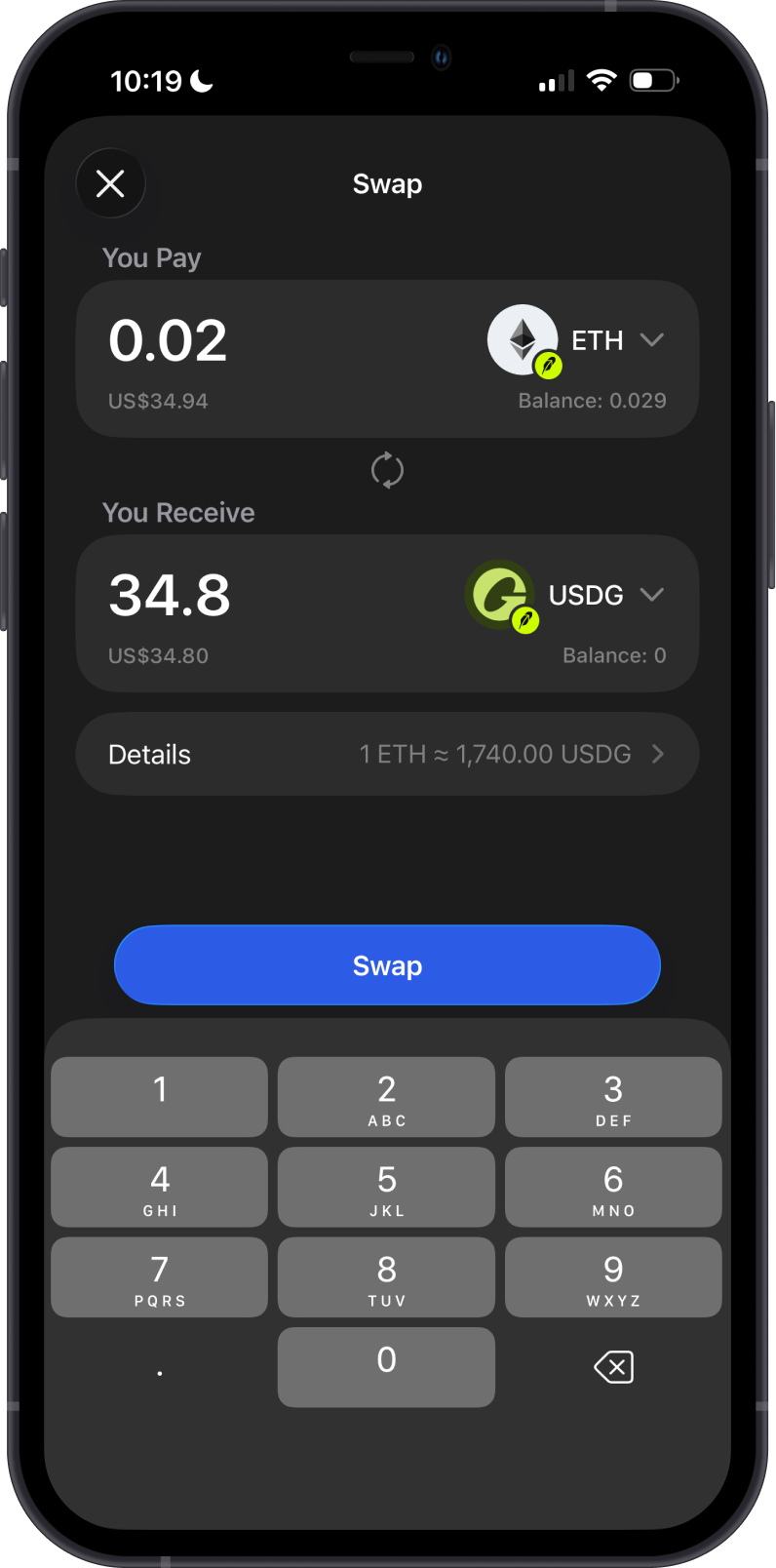 Swap Robinhood Chain ETH to USDG on Gem Wallet
