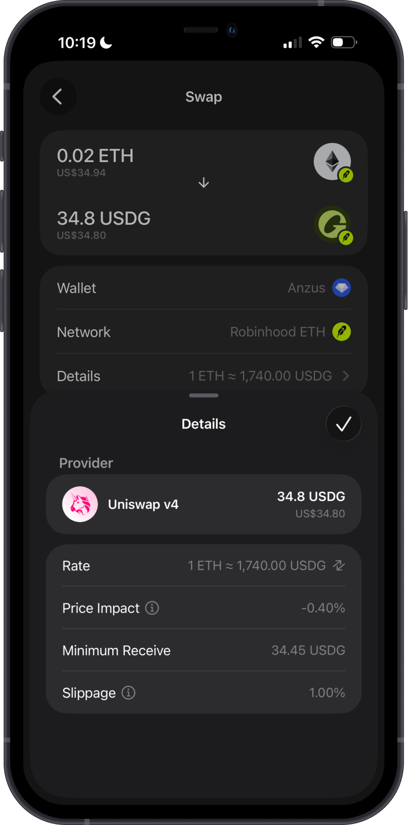 Robinhood Chain Token Swap Details on Gem Wallet