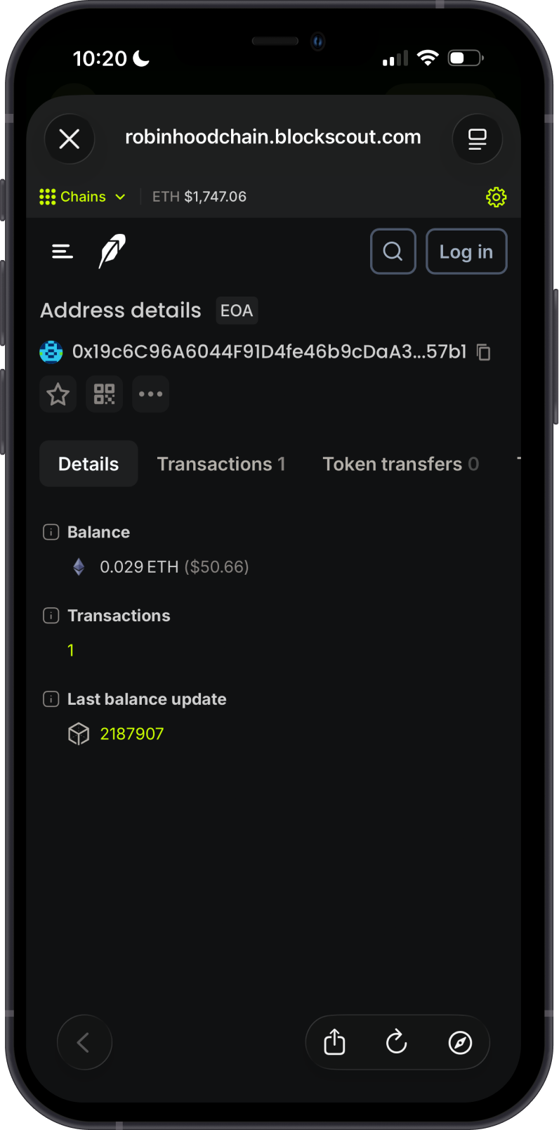 Robinhood Chain ETH Balance on BlockScout