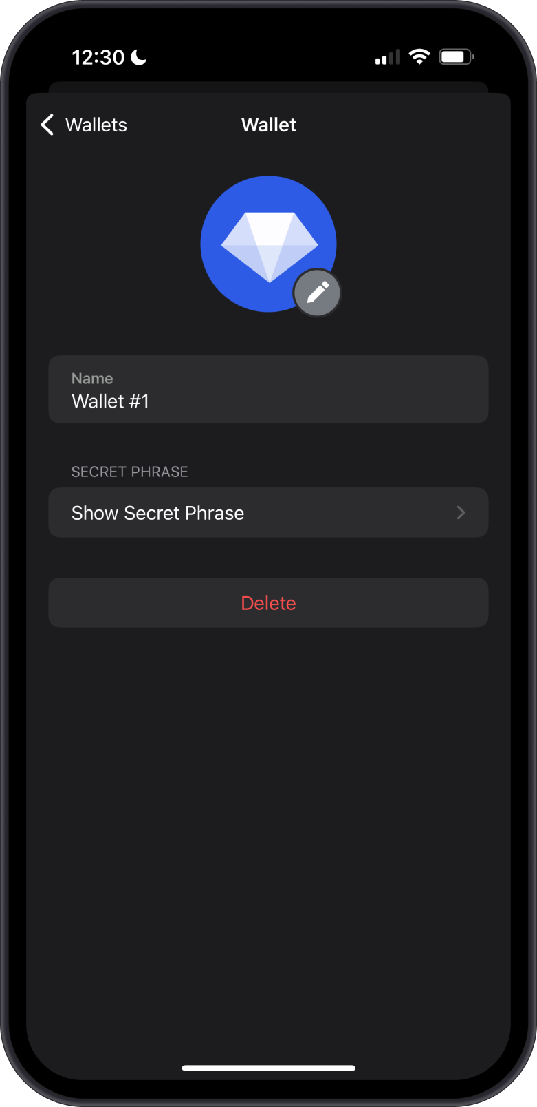 Wallet Settings Showing Secret Phrase