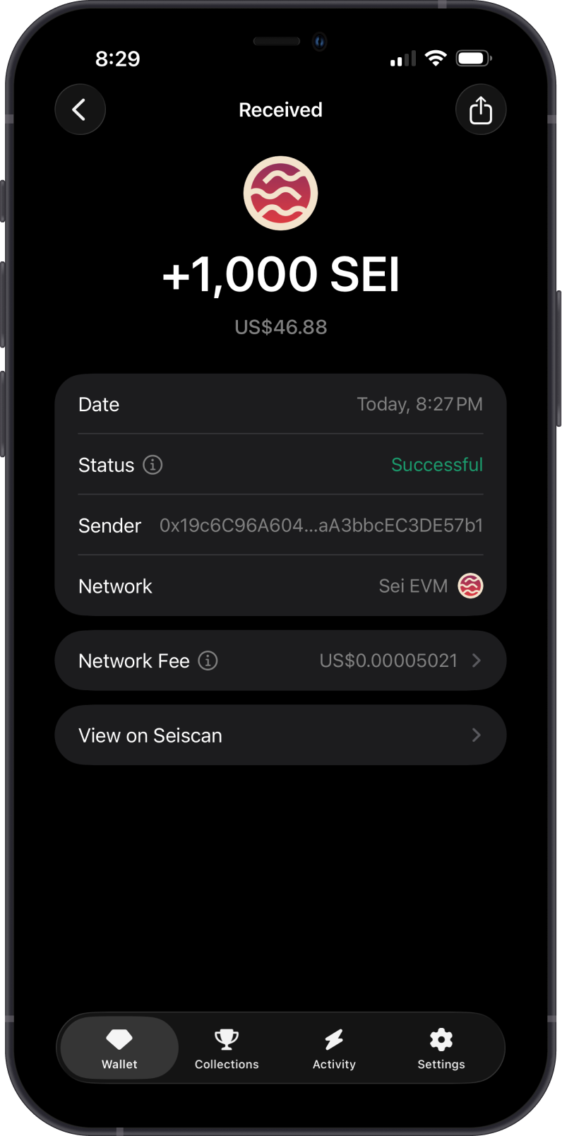 Received Sei EVM Transaction on Gem Wallet