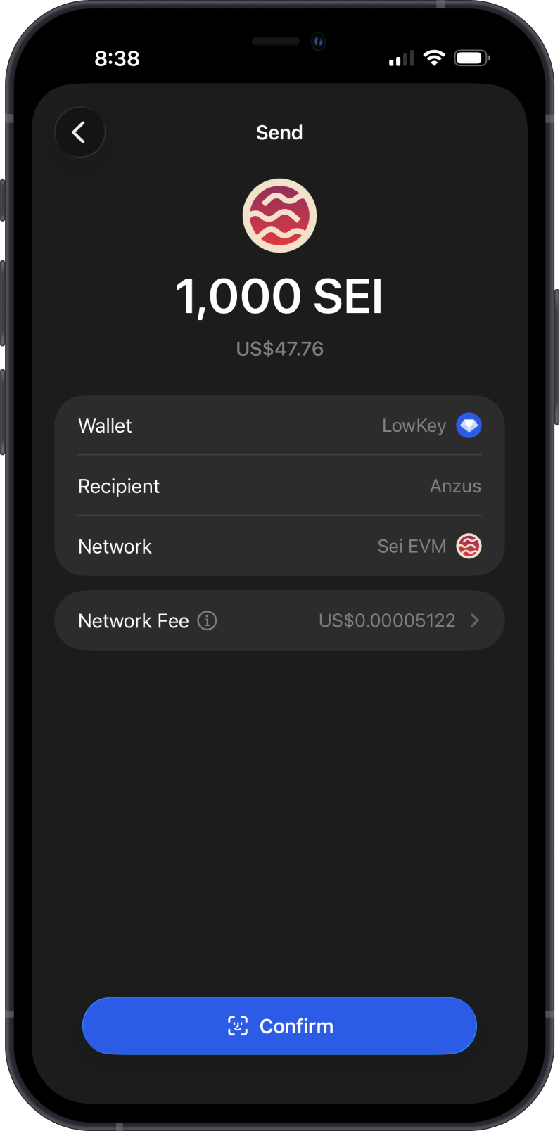Send Sei EVM on Gem Wallet