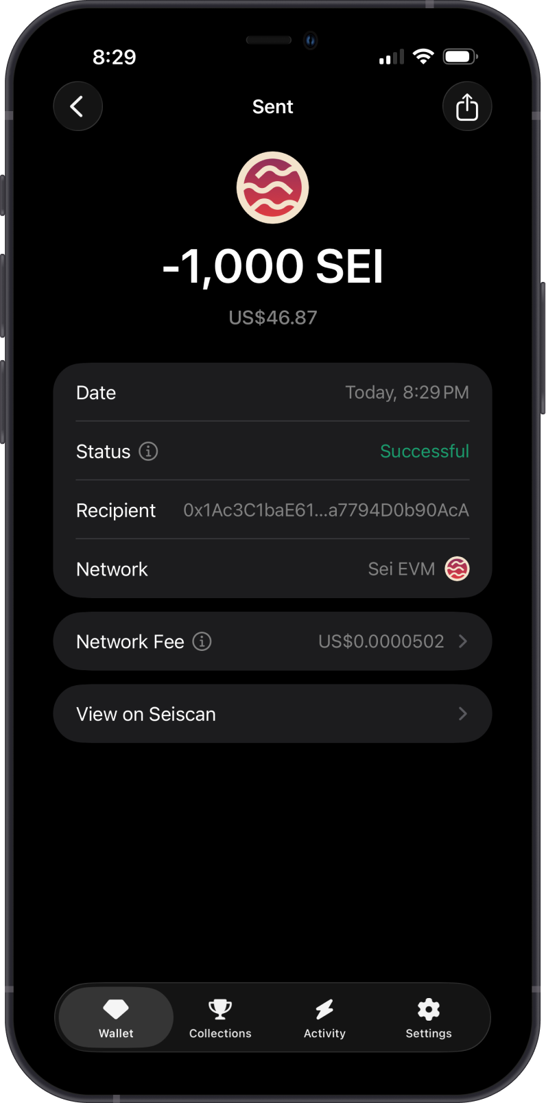 Sent Sei EVM Transaction on Gem Wallet
