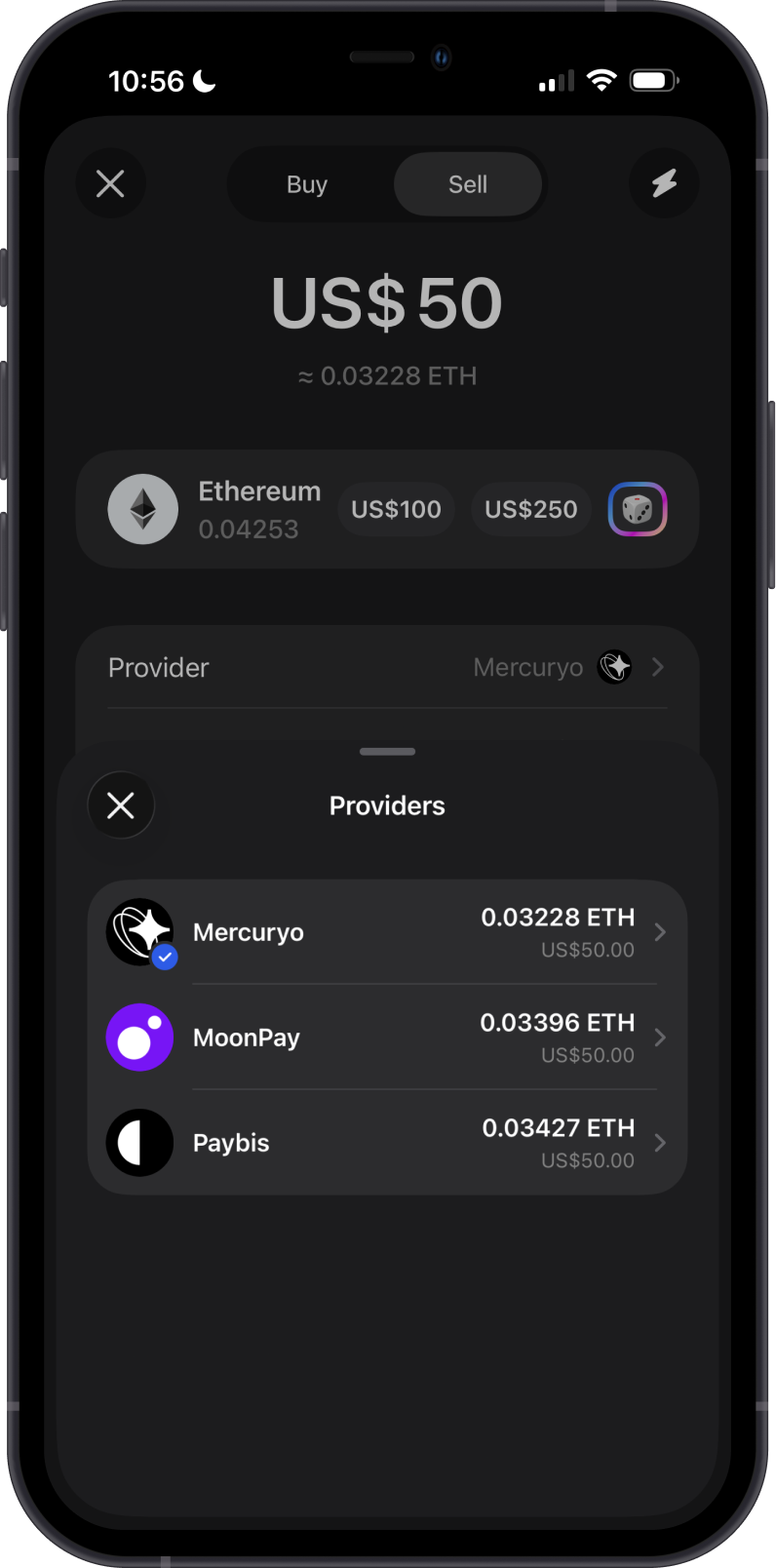 Sell ETH Screen