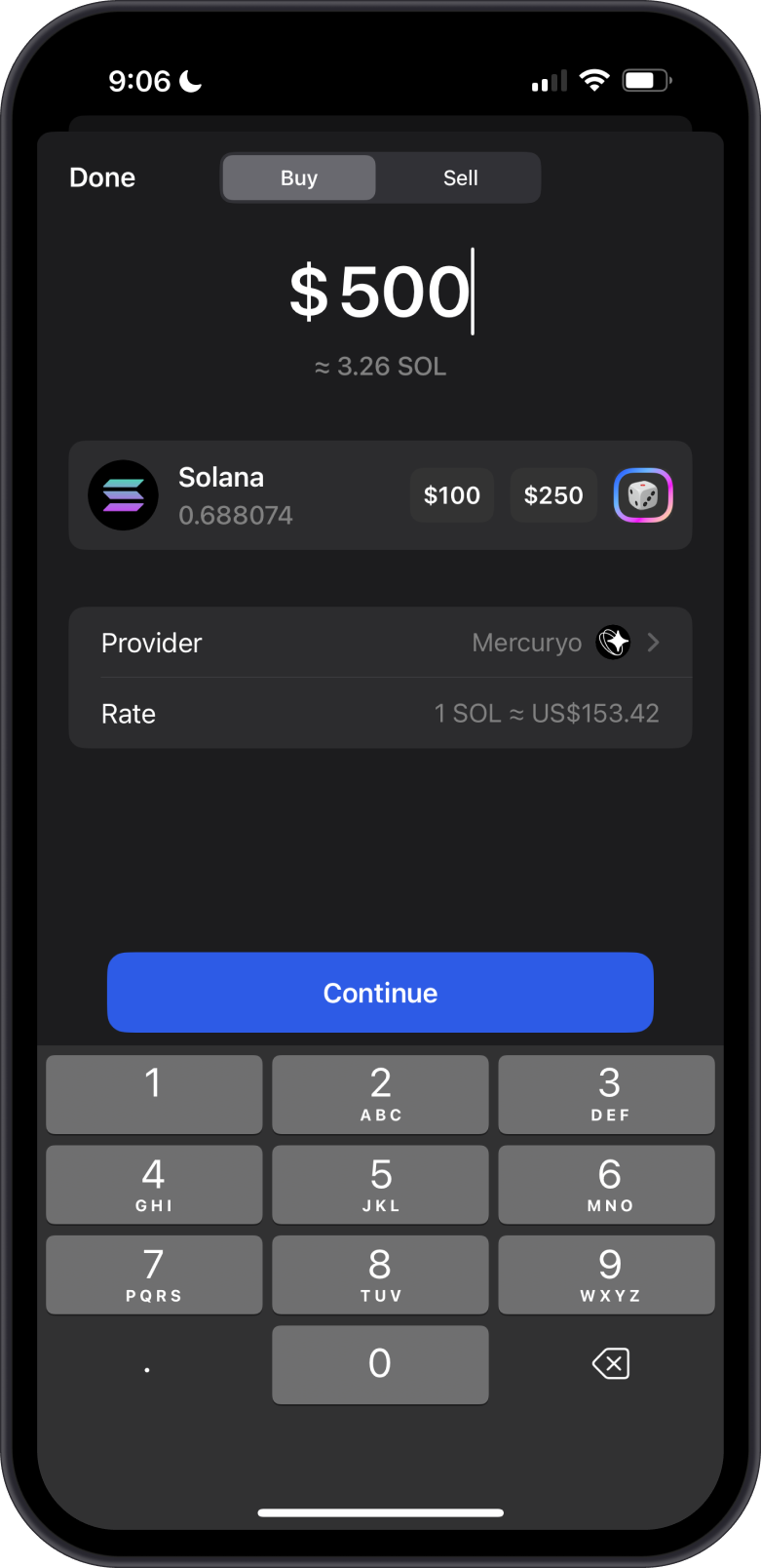 Buying Solana with Gem Wallet