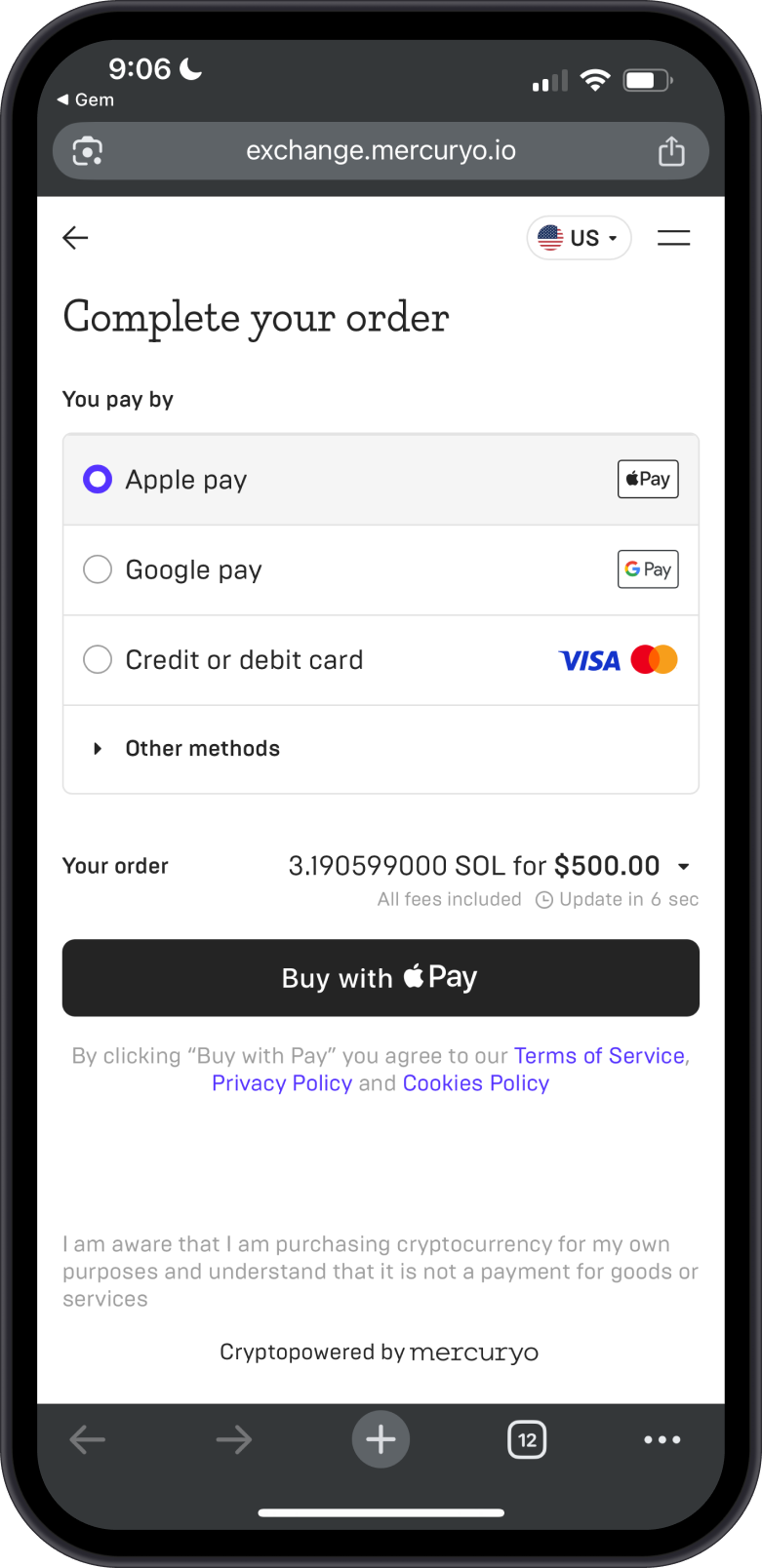 Receive Solana on Gem Wallet
