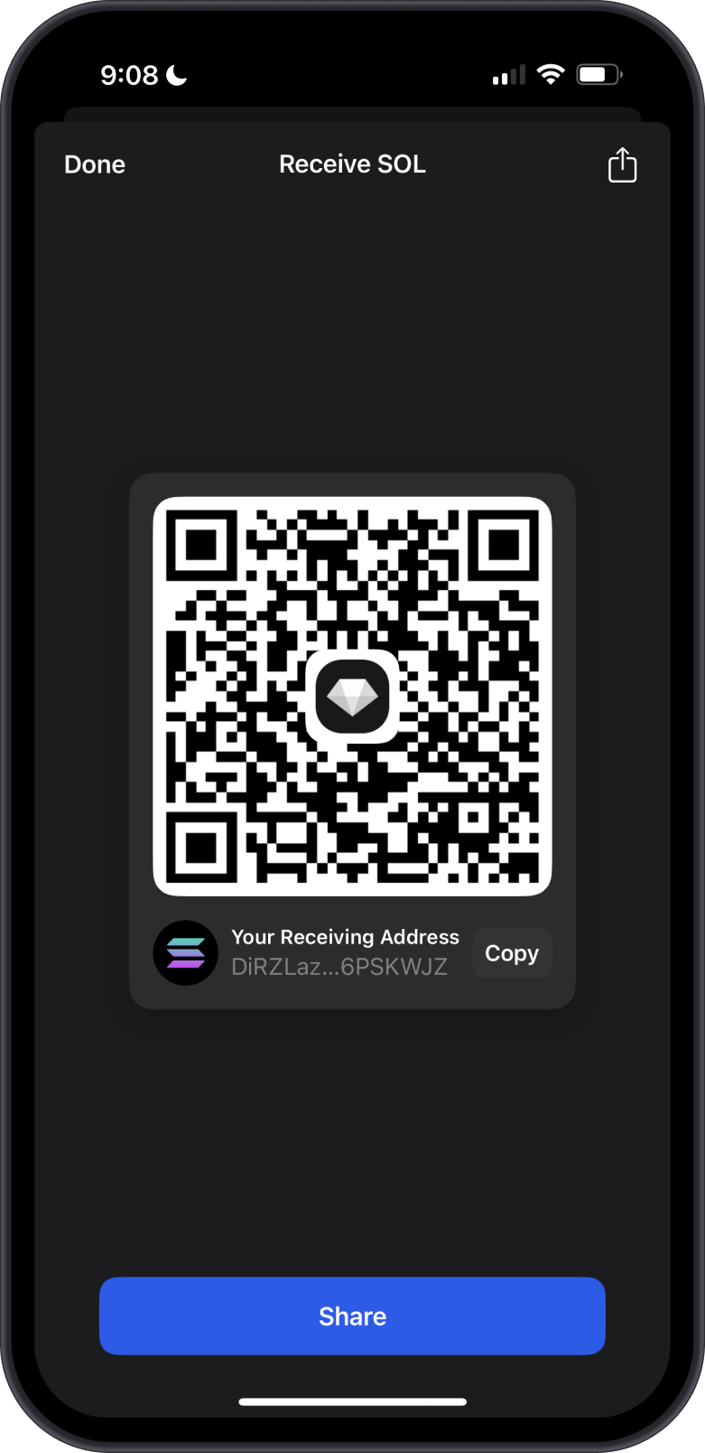 Receive Solana with Gem Wallet