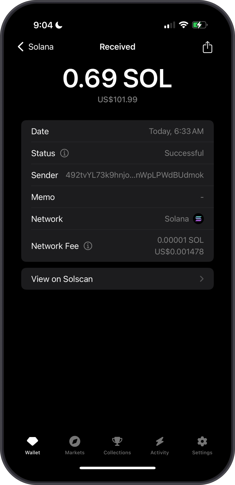 Solana Received on Gem Wallet