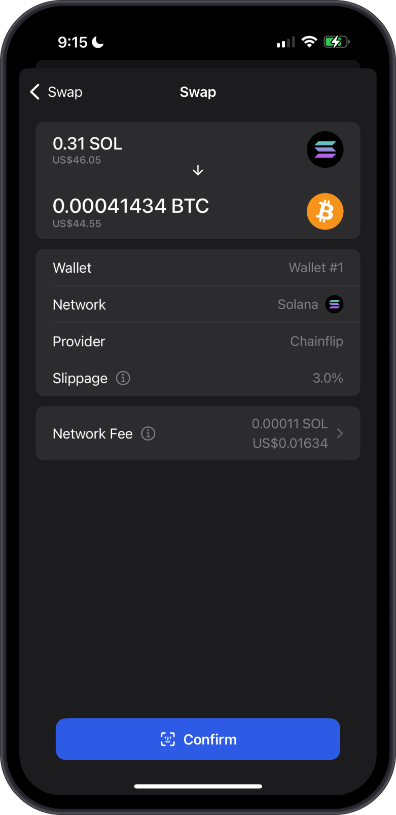 Swap SOL to BTC