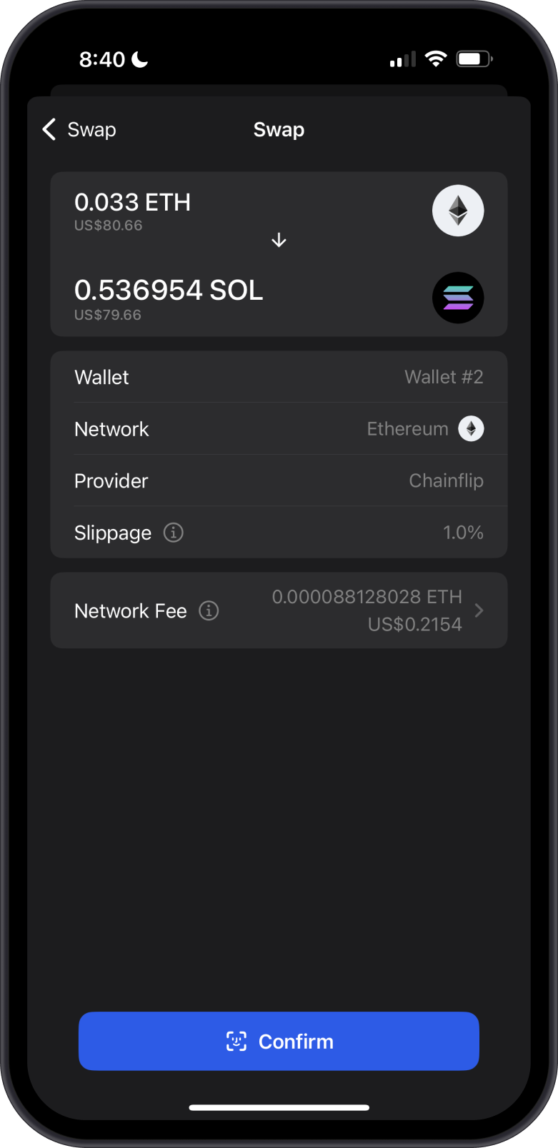 Swap ETH to SOL