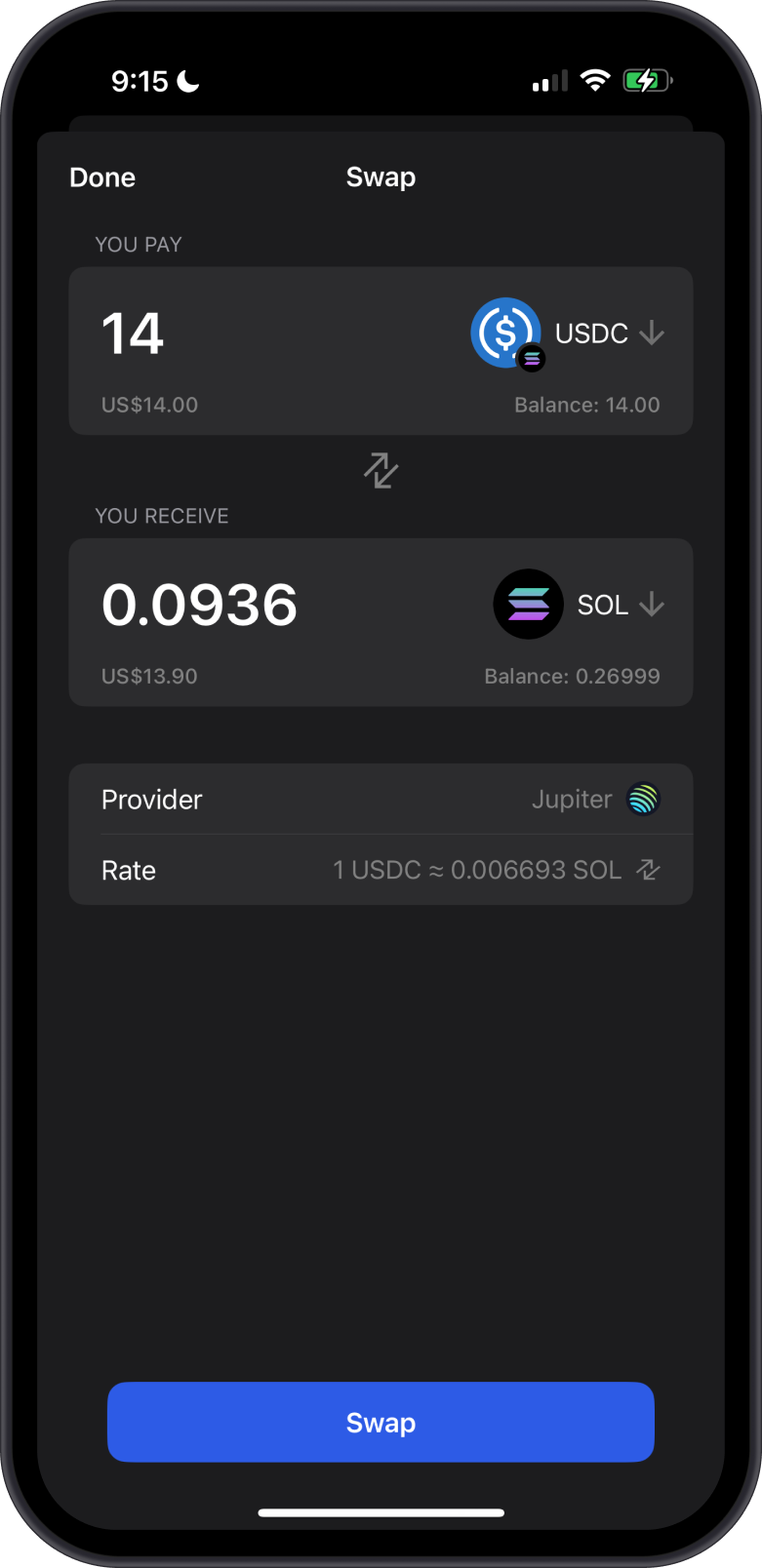 Swap USDC to SOL