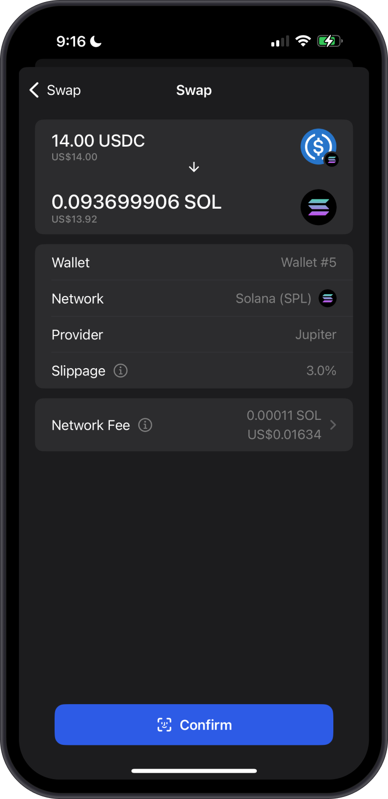 Swap USDC to SOL Confirm