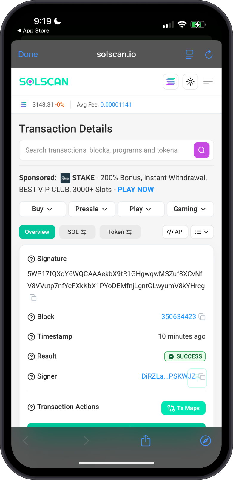 Checking Solana Transaction on Blockchair