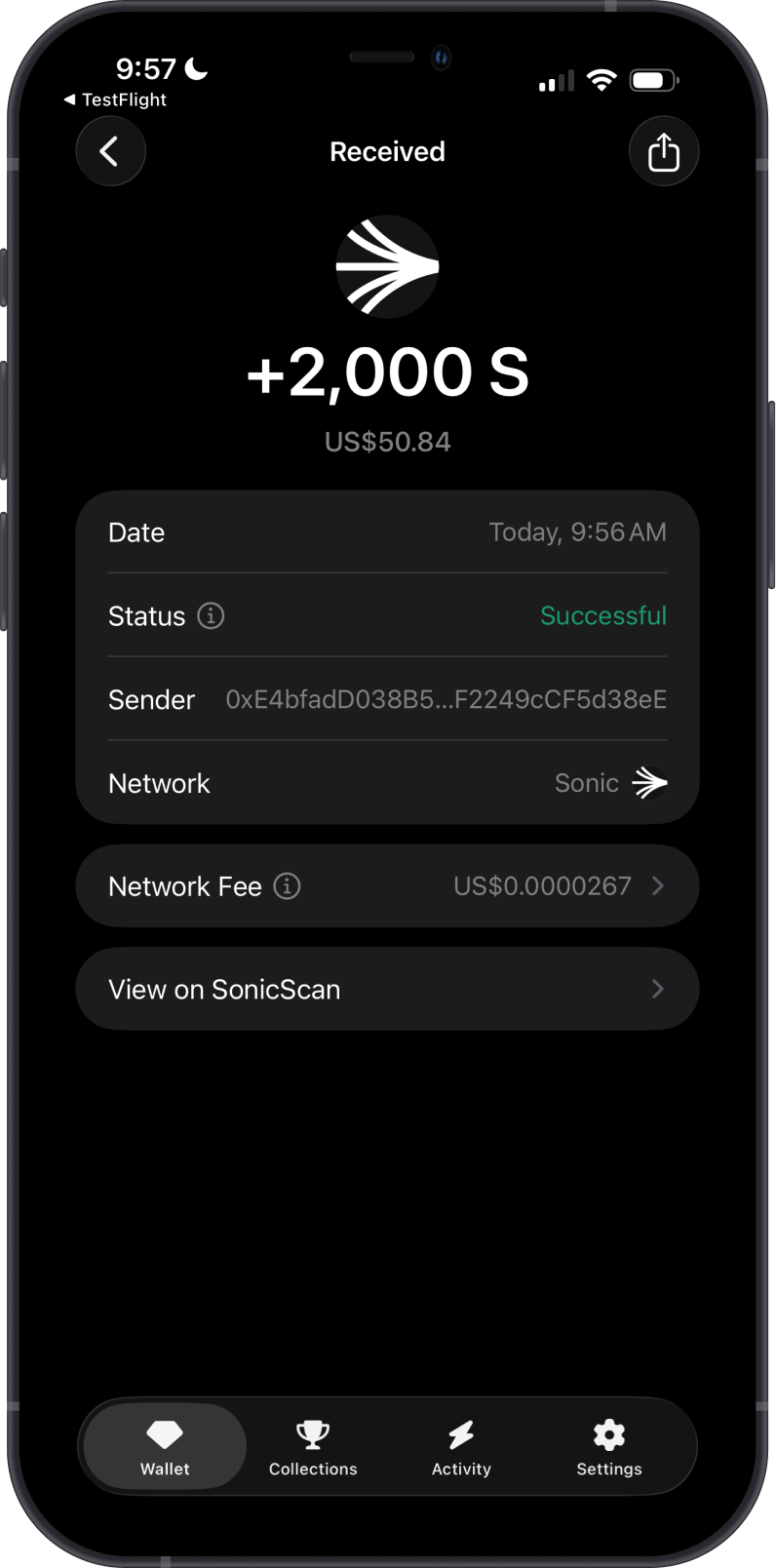 Receive Sonic on Gem Wallet
