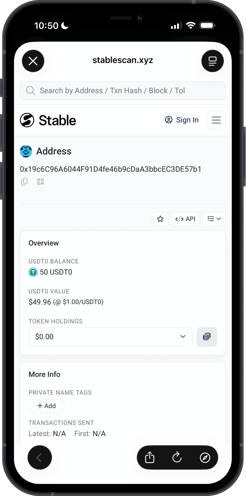Stable USDT0 Balance on Stablescan