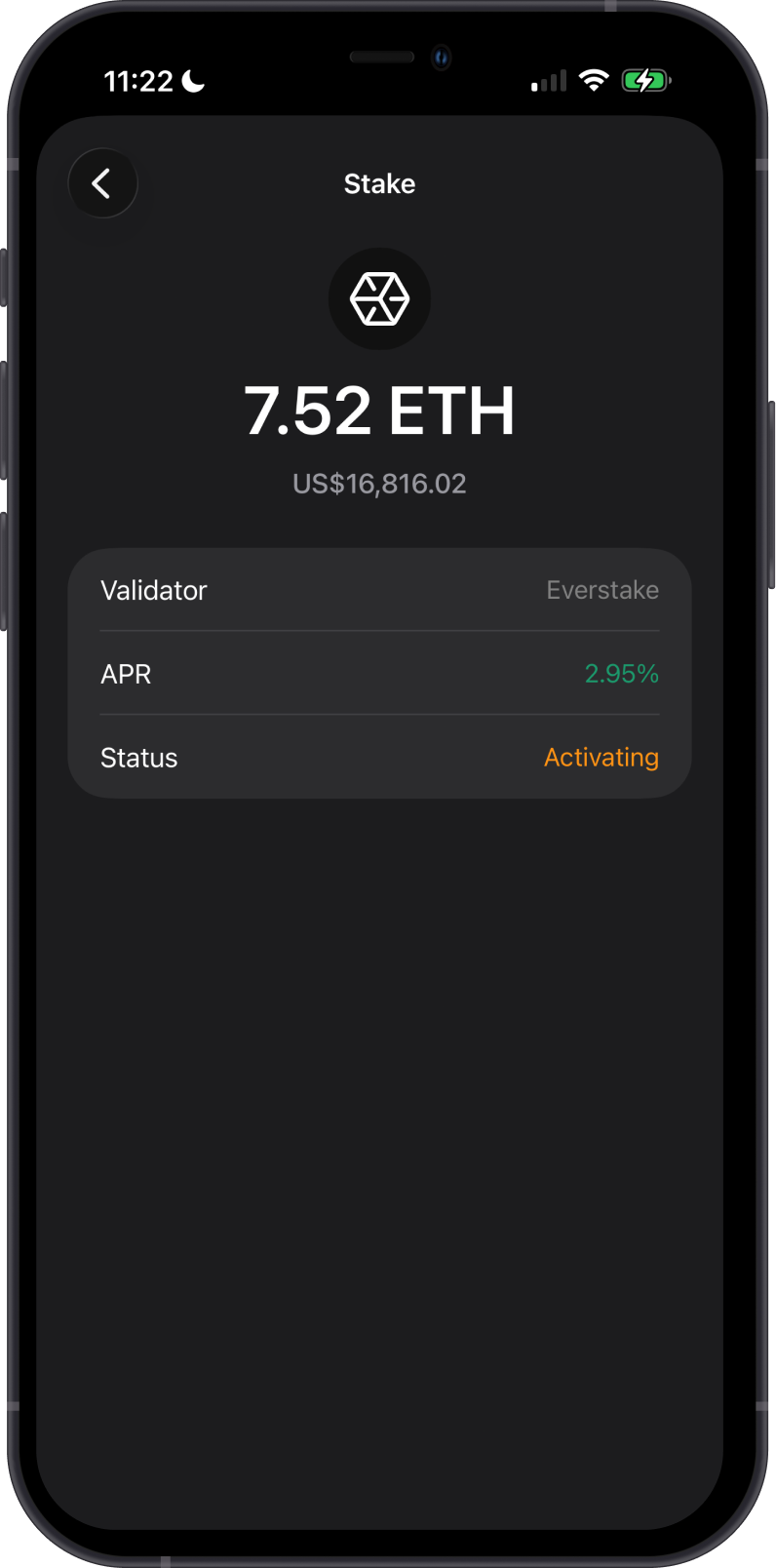 Ethereum delegation details showing Activating status
