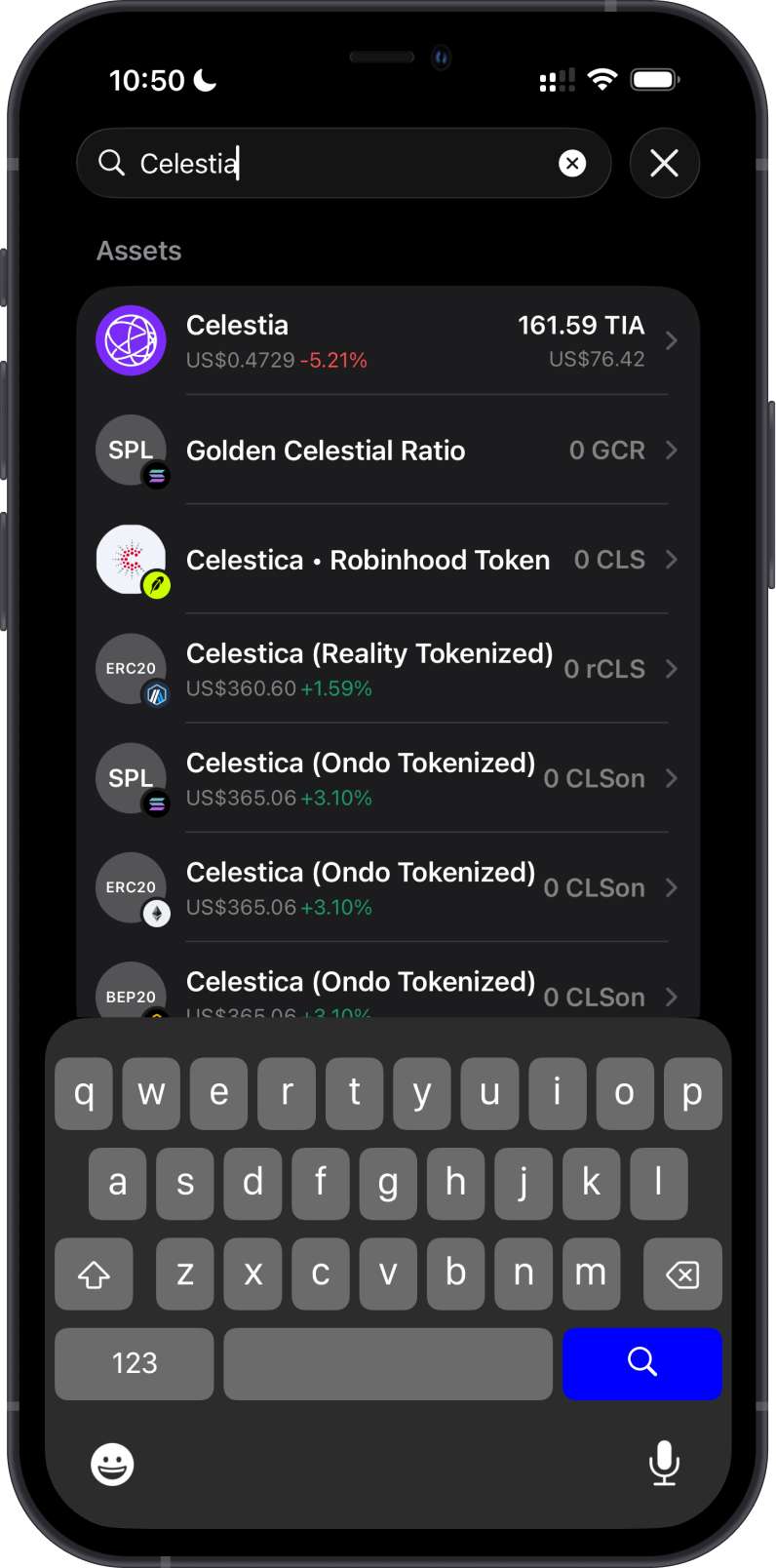 Search for Celestia in Gem Wallet