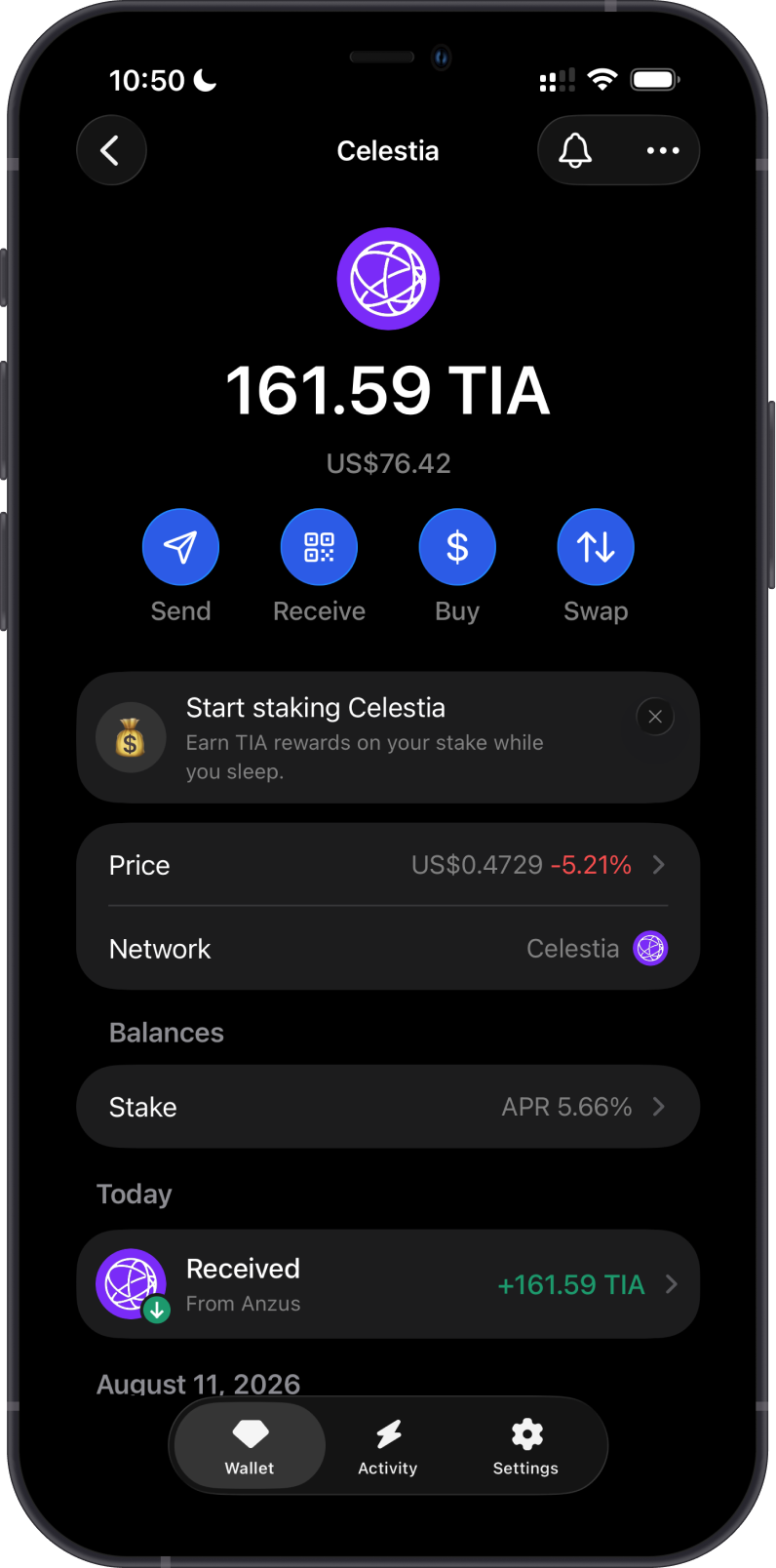 Celestia wallet in Gem Wallet