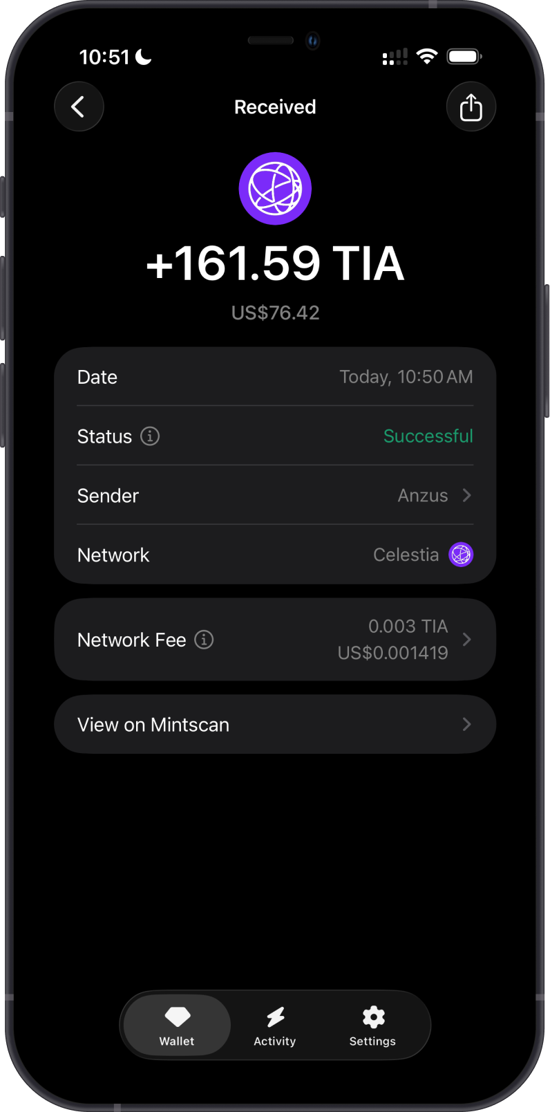 Received TIA transaction in Gem Wallet