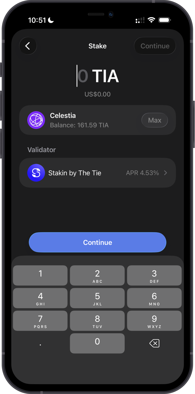 Enter the TIA stake amount