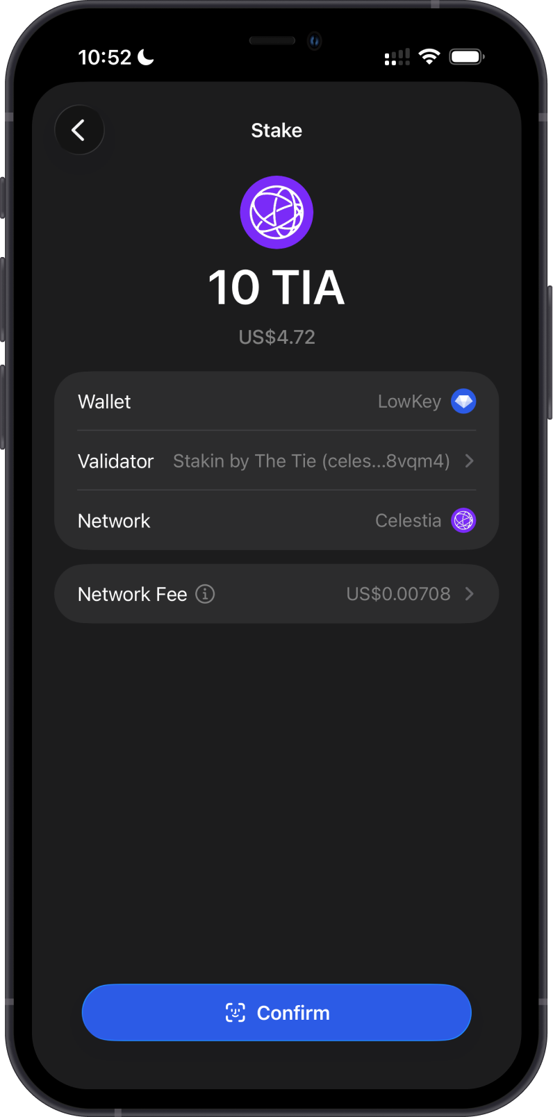 Review the Celestia staking transaction
