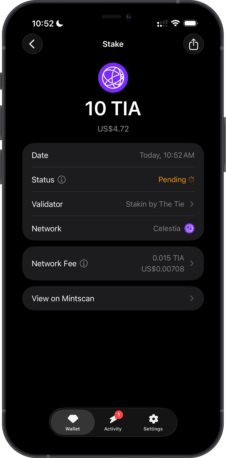Pending Celestia staking transaction