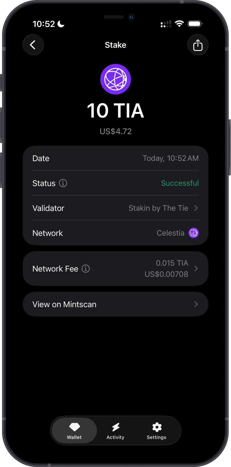 Successful Celestia staking transaction
