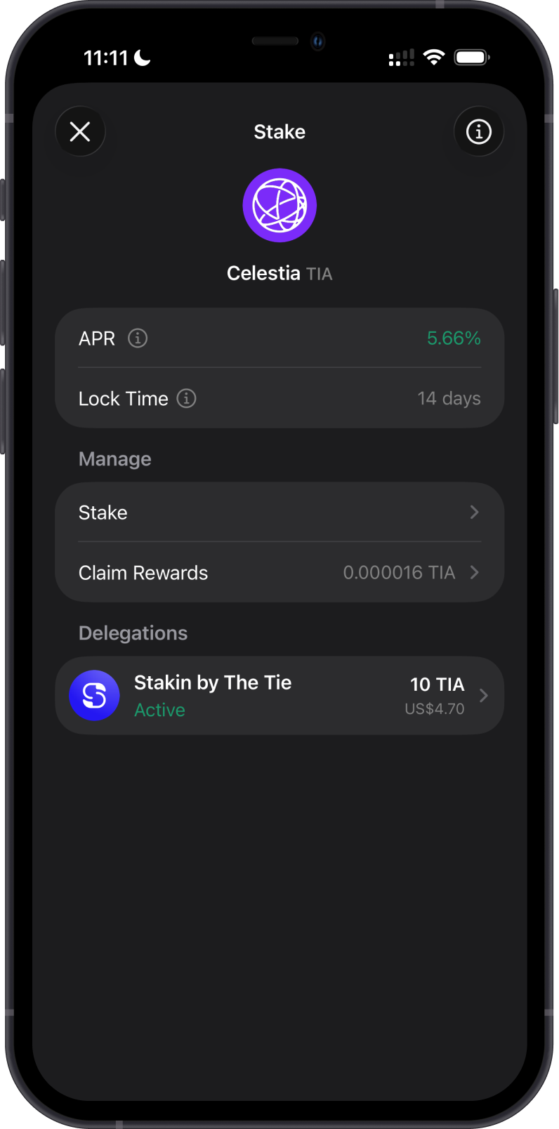 Claim Celestia staking rewards from the stake screen