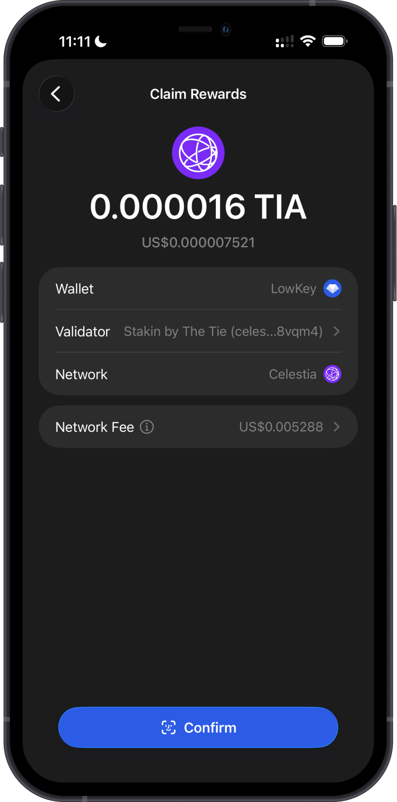 Confirm a Celestia reward claim