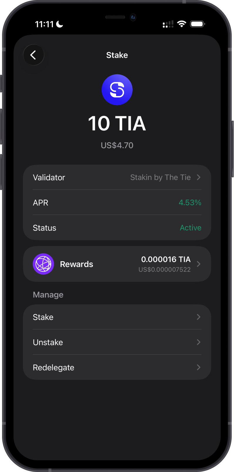 Manage an active Celestia delegation