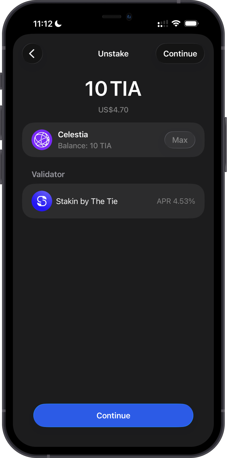 Enter an amount to unstake TIA