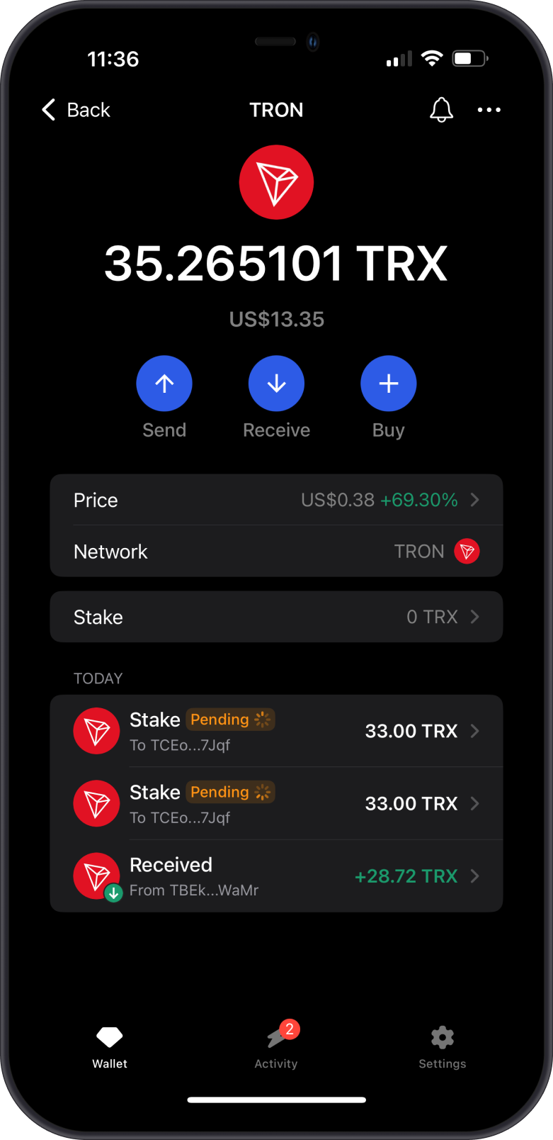 TRON Pending Stake