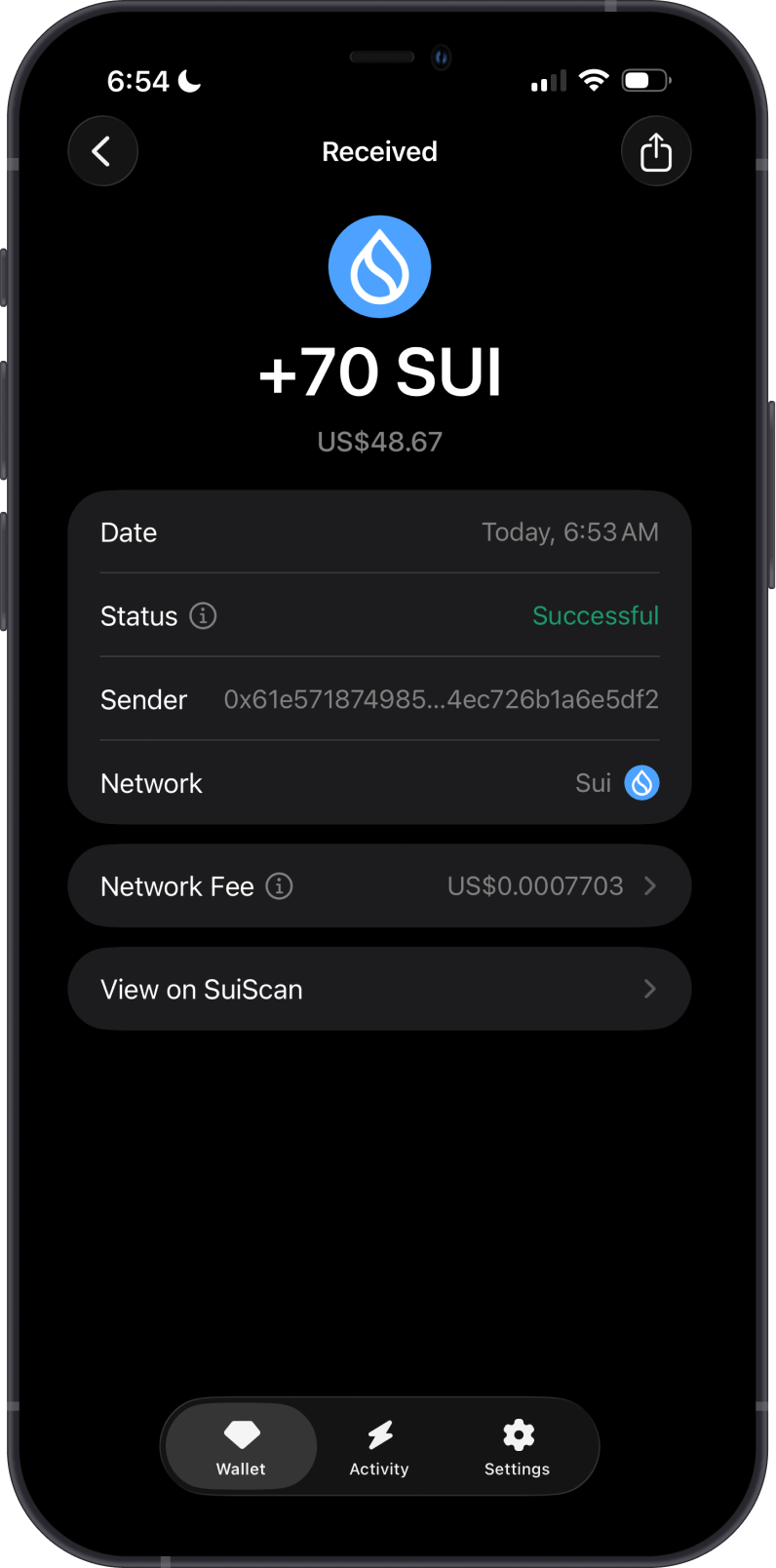 Received SUI Transaction on Gem Wallet