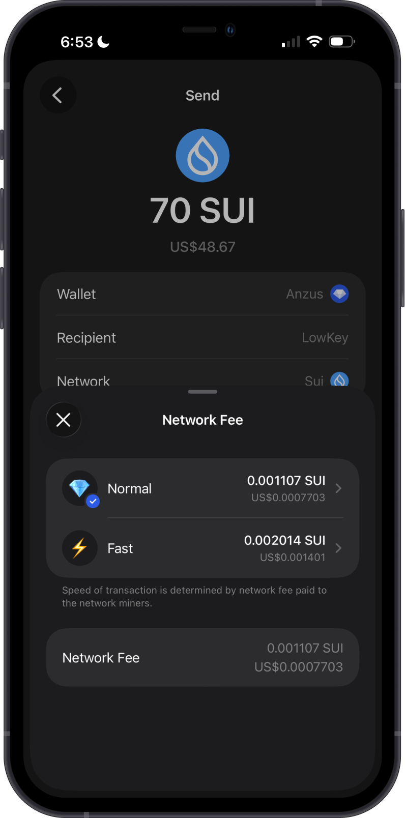 Send SUI Transaction Fee