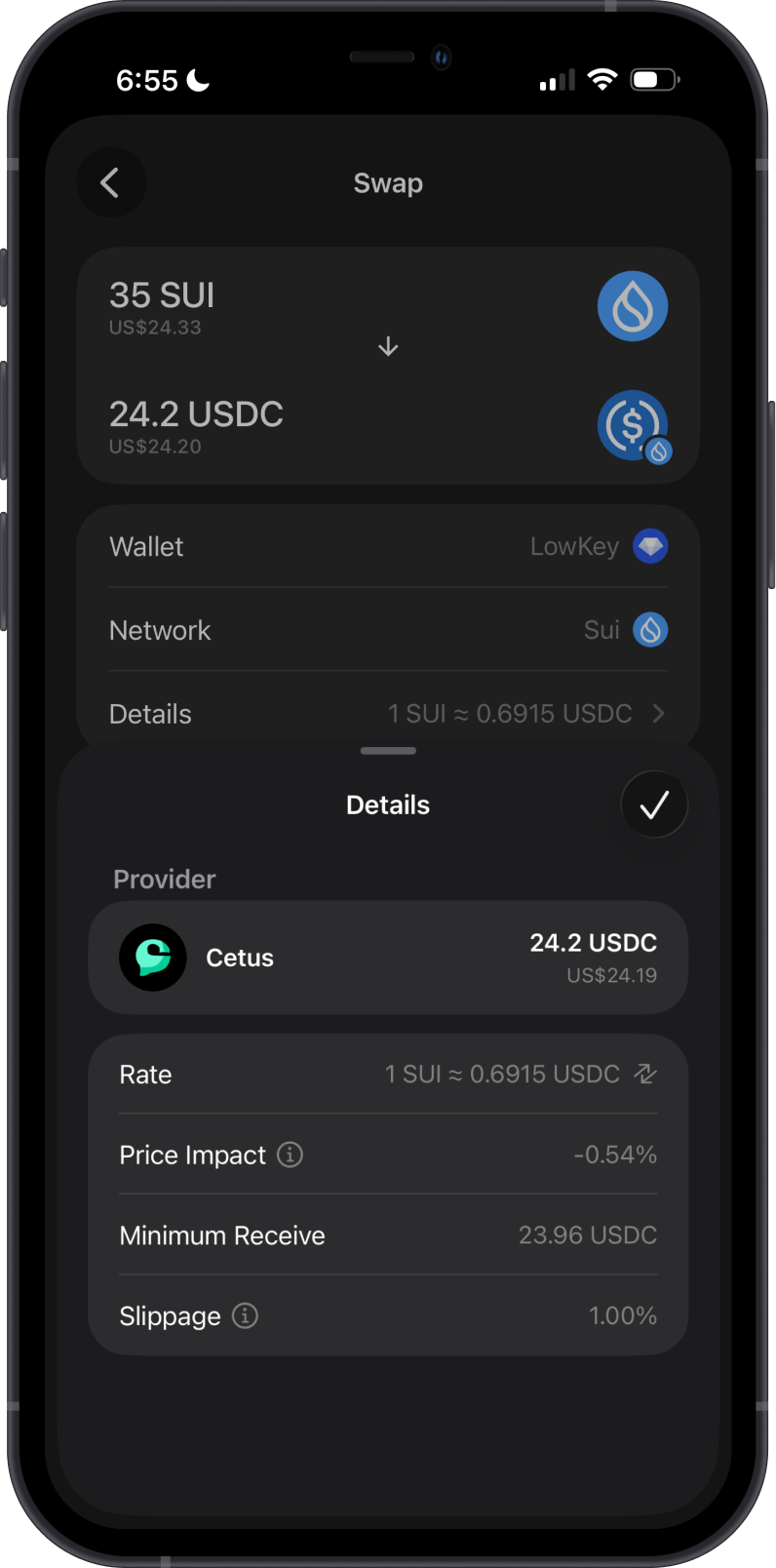 SUI Token Swap Details on Gem Wallet