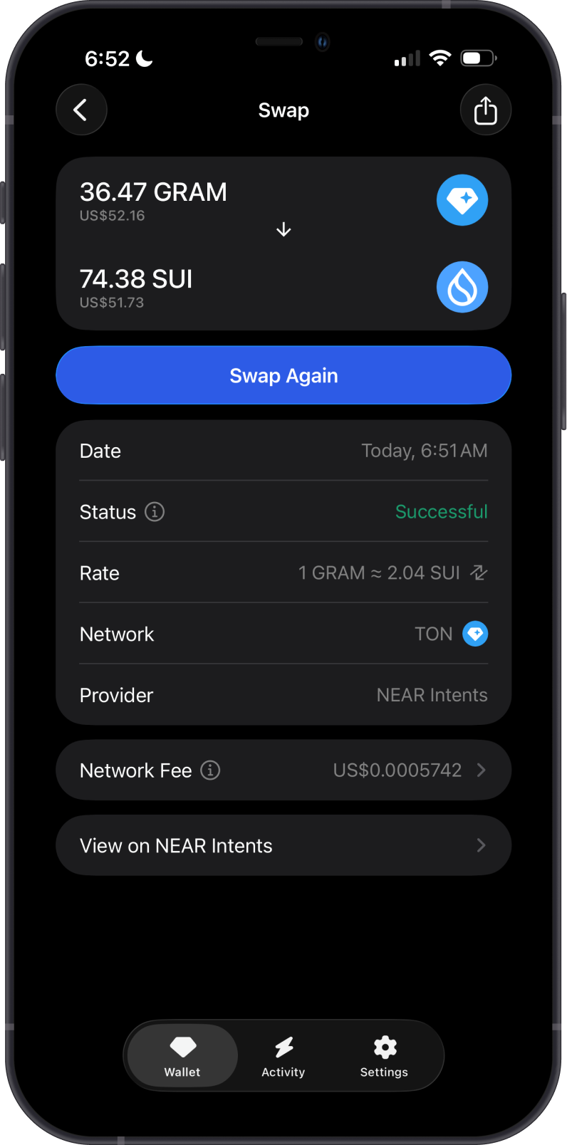 SUI Cross-Chain Swap Details on Gem Wallet