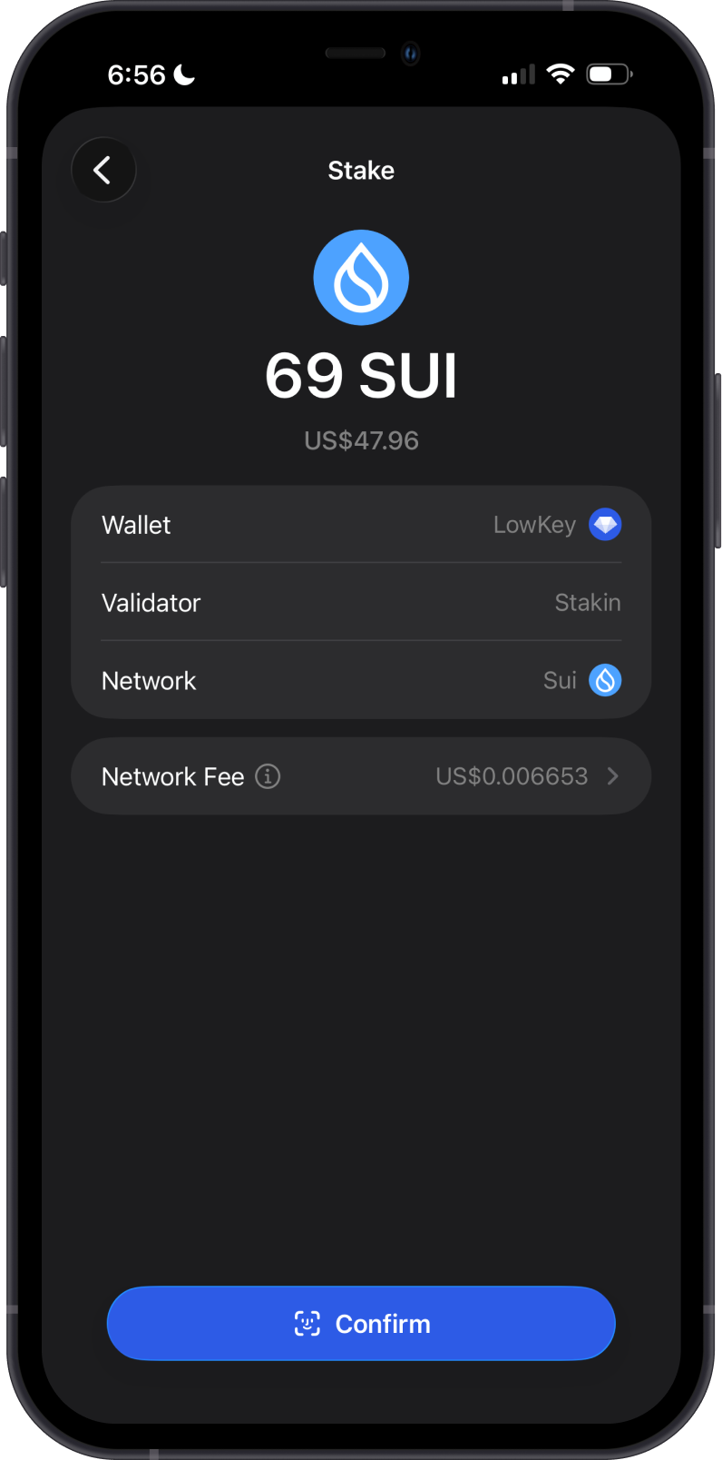 SUI Staking Details on Gem Wallet