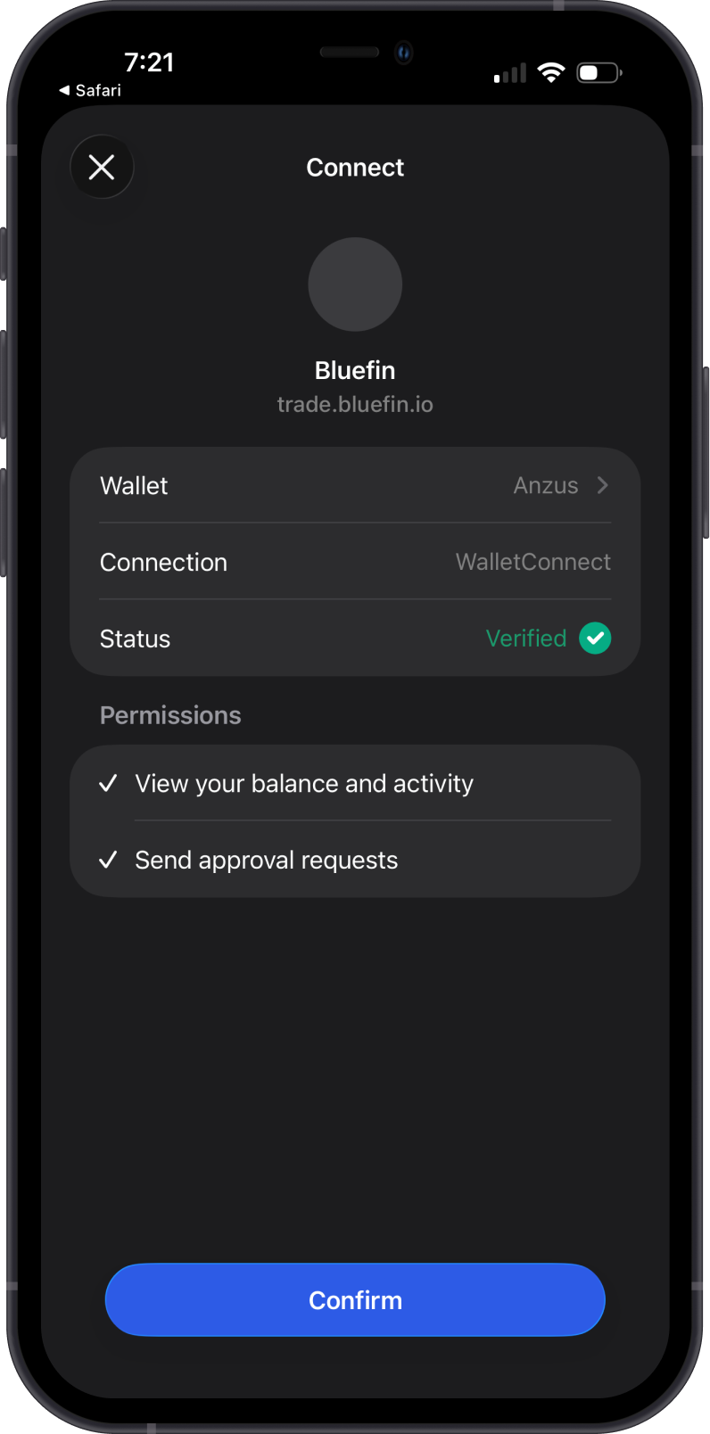 Confirm the verified Bluefin connection