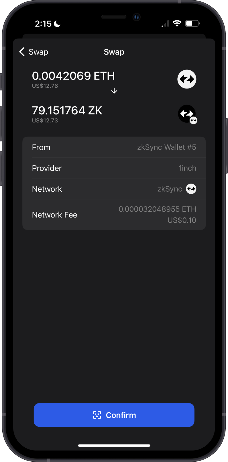 Confirm ZK ETH Swap