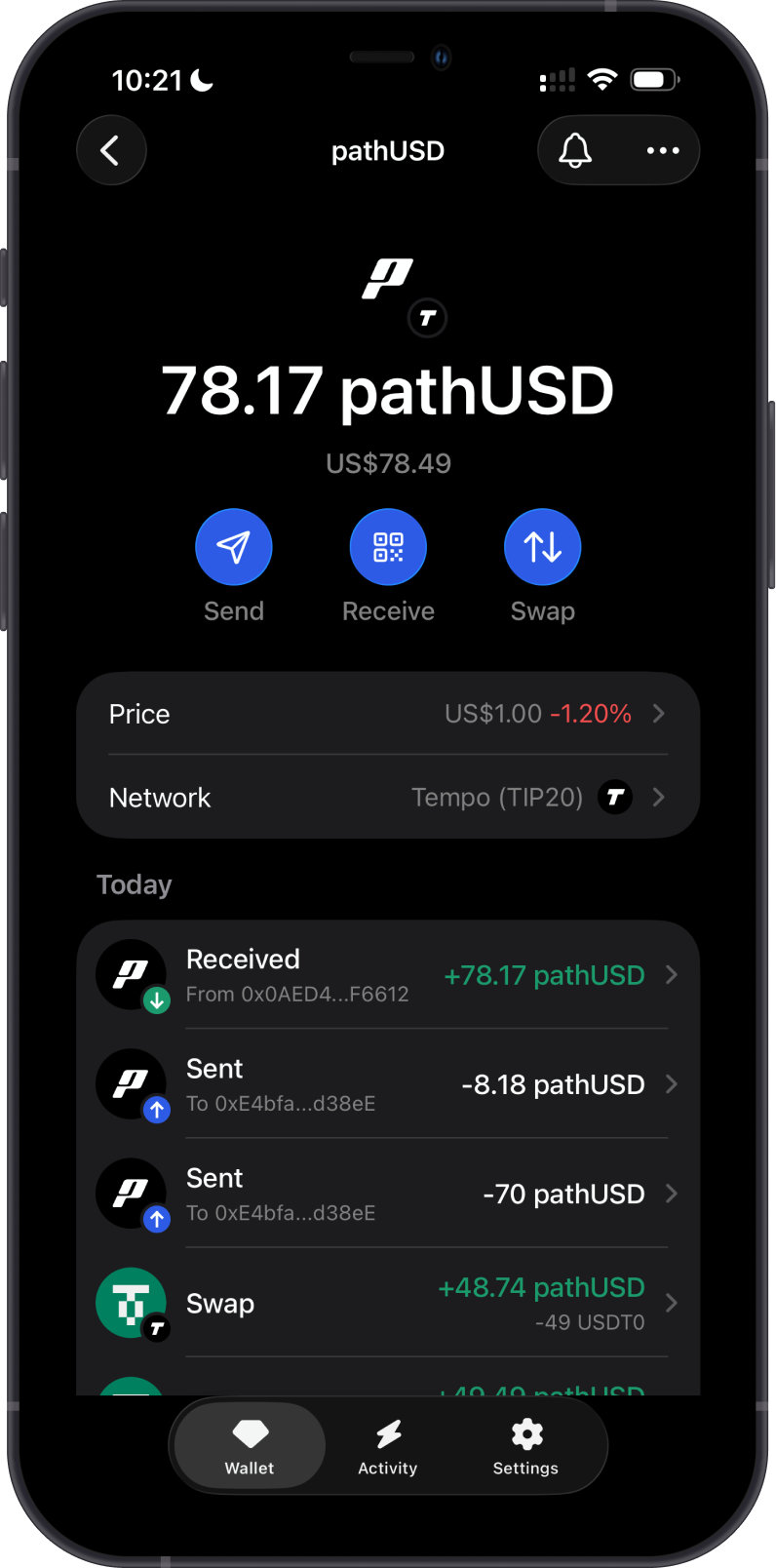 pathUSD Wallet in Gem Wallet