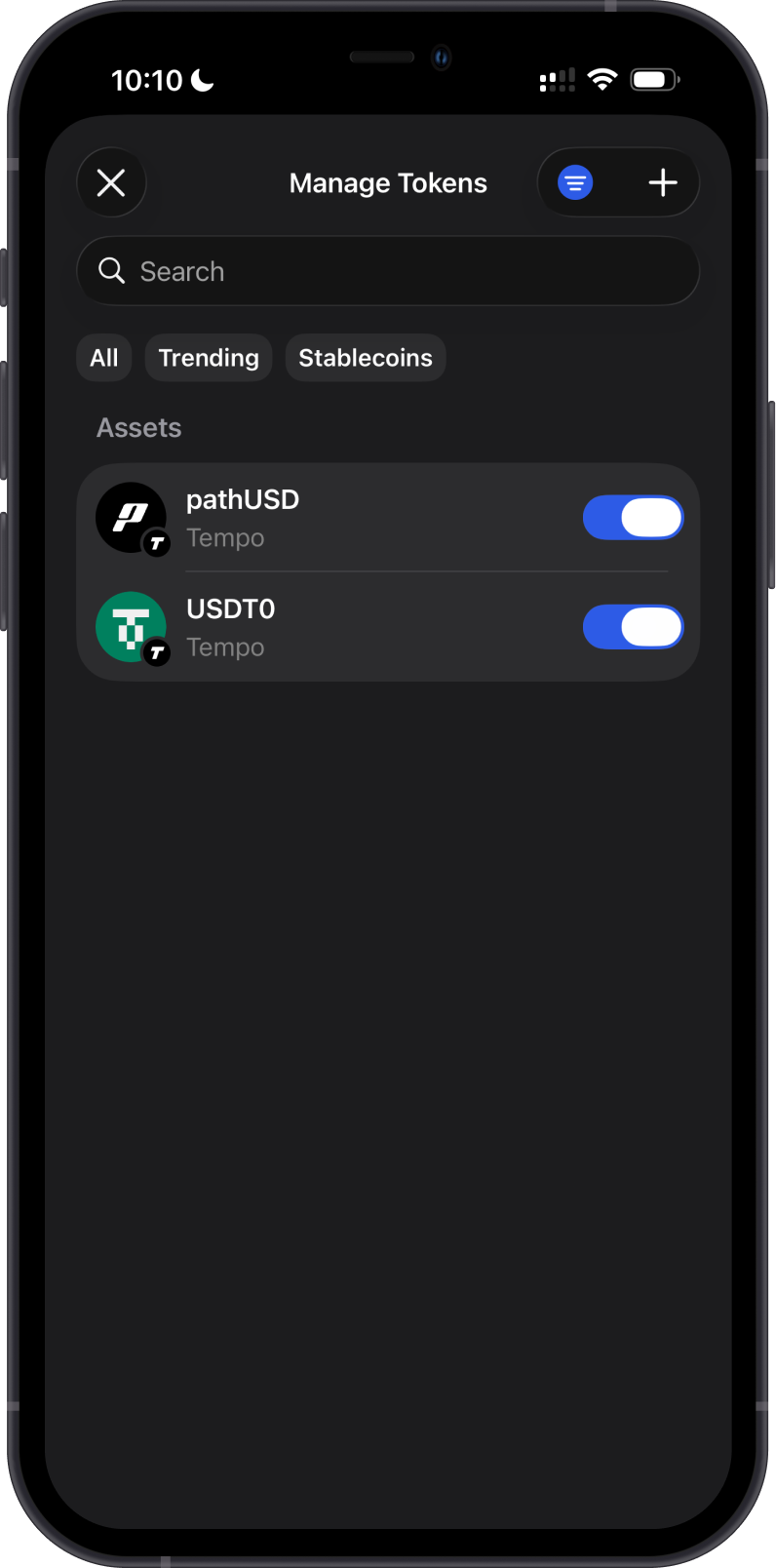 Filter Manage Tokens by the Tempo network